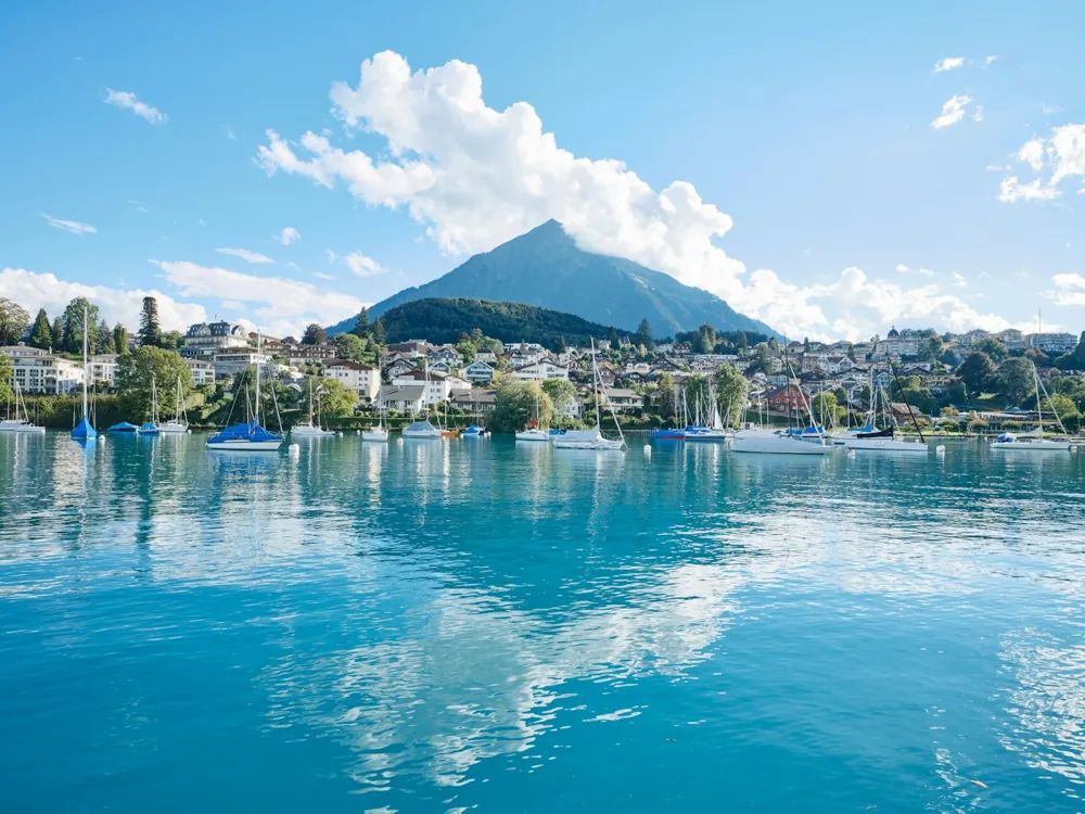 Spiez harbour, castle and vineyards beside Lake Thun